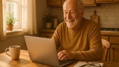 Senior learning internet marketing from home on a laptop