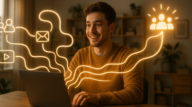 Beginner digital marketer choosing a clear path through multiple online strategies.