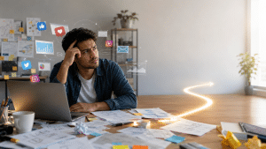 Beginner reviewing common digital marketing mistakes at a home office desk