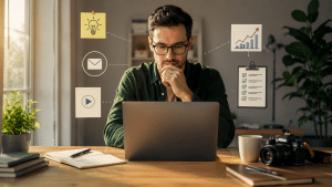 ahead220626 Beginner entrepreneur applying practical online business tips at a home-office desk.