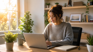 Beginner marketer building the daily habits of successful marketers at a home desk
