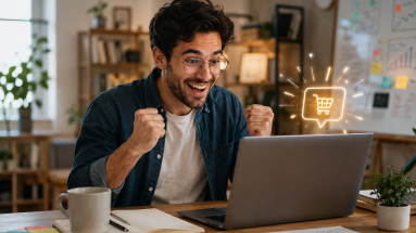 Beginner entrepreneur celebrating a first online sale while working from a home office.
