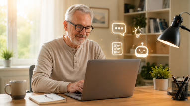 Retired beginner learning how to use AI on a laptop in a friendly home office.