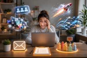 Beginner online marketer surrounded by common digital marketing myths while working at a laptop.