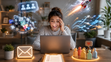 Beginner online marketer surrounded by common digital marketing myths while working at a laptop.