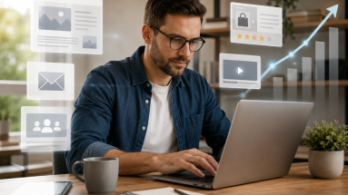 Affiliate marketing for beginners showing a hopeful marketer learning online business basics at a laptop.