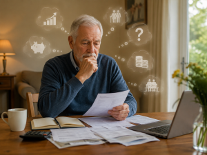 Retired person reviewing bills and thinking about running out of money in retirement.