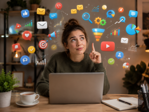 Beginner marketer feeling overwhelmed by trying to learn too many internet marketing skills at once.
