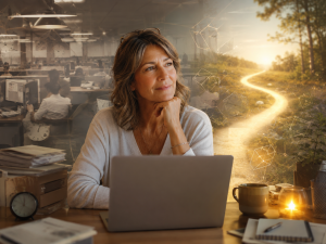 Mature person feeling trapped by the 9-5 grind while exploring online business freedom.
