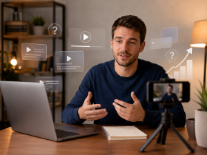 Beginner marketer creating YouTube videos as a long-term affiliate marketing traffic source.