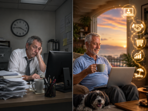 Person comparing the 9-to-5 grind with flexible retirement income ideas from home.
