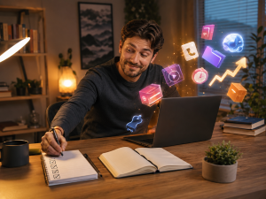 Beginner internet marketer avoiding shiny object syndrome and choosing a simple focused plan.