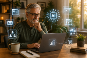 Beginner learning AI internet marketing with simple online business tools.
