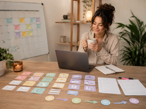 Busy entrepreneur batching content to save time and stay consistent
