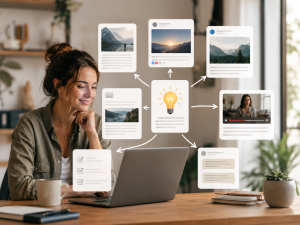 Content repurposing ideas showing one blog post turned into multiple content assets
