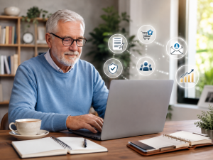 Retired beginner learning affiliate marketing as a retirement income idea.
