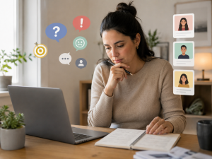 Marketer researching audience needs to avoid beginner internet marketing mistakes.
