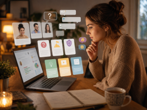 4180726 Marketer researching audience needs to improve internet marketing skills.