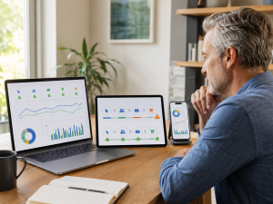 Marketer checking conversion tracking and comparing campaign performance data.
