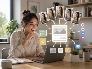 Beginner marketer repurposing one content idea into short-form videos and traffic assets.
