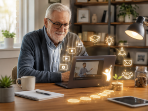 Retired person watching free videos about retirement income ideas and online business.
