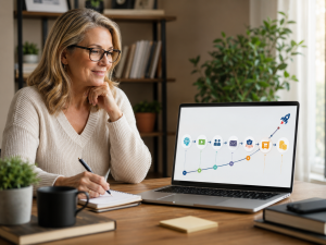 Simple AI affiliate marketing path from helpful content to online business growth.
