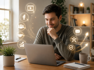 Beginner marketer watching 5 free videos to learn Facebook marketing and online business


