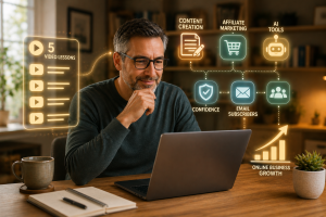 Beginner entrepreneur watching 5 free videos to learn content creation and online business

