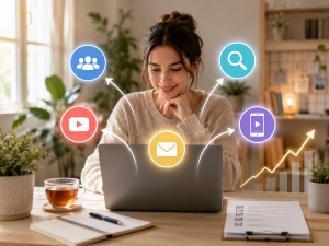 Beginner marketer reviewing five traffic sources for affiliate marketing beginners on a laptop.