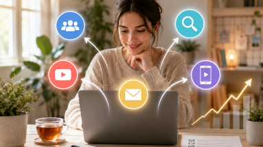 Beginner marketer reviewing five traffic sources for affiliate marketing beginners on a laptop.