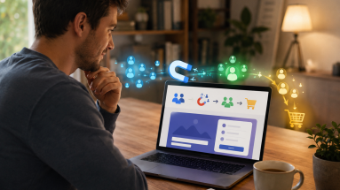 Beginner marketer reviewing conversion rate optimization tips on a laptop to improve leads and sales.