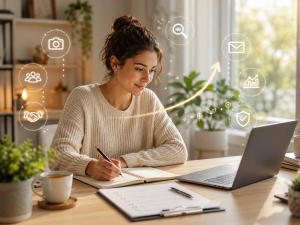Beginner marketer planning the daily habits of successful marketers at a laptop.