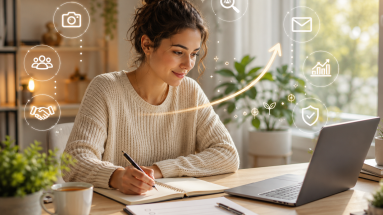 Beginner marketer planning the daily habits of successful marketers at a laptop.