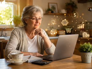 Retired person exploring retirement income ideas on a laptop at home.