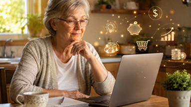 Retired person exploring retirement income ideas on a laptop at home.