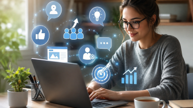 Beginner marketer learning Facebook marketing tips for beginners at a laptop