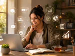 Beginner learning online business lessons at a laptop