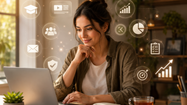 Beginner learning online business lessons at a laptop