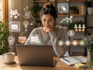 ahead170726 Beginner marketer fixing marketing conversion killers on a laptop to improve audience action and conversions.