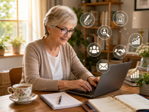ahead180726 Retired beginner learning internet marketing skills on a laptop in a warm home office.