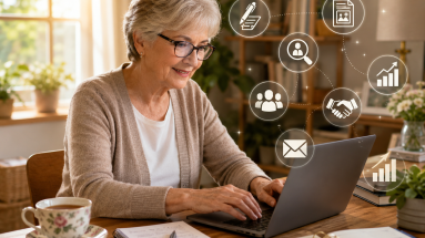 Retired beginner learning internet marketing skills on a laptop in a warm home office.