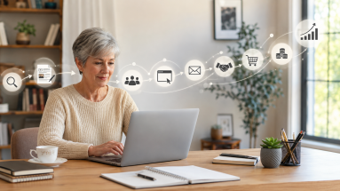 Mature beginner learning how to build a successful online business from a home office