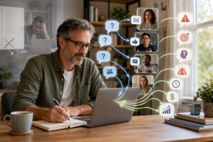 Marketer asking simple audience research questions through email, social media, and online conversations.