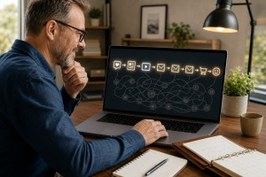 Simple customer journey guiding social media followers from helpful content to a first purchase.
