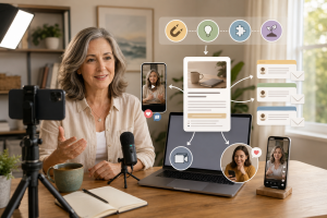 Mature marketer repurposing a blog article into short videos and email marketing content.
