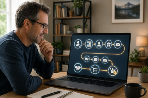 Simple internet marketing journey from helpful content to subscribers, trust and customers.
