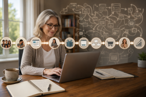 Simple internet marketing for seniors system showing the journey from audience problems and useful content to email subscribers and customers.