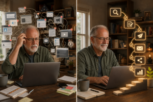 Older beginner overcoming technology fears by learning internet marketing one simple step at a time.