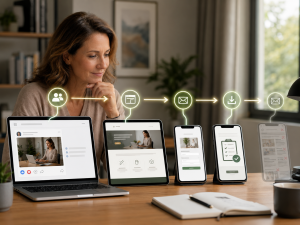 3230726 A mobile internet marketing journey from social media content to a landing page, email signup, and free resource.