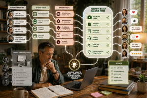 Marketer using customer research questions to create a simpler offer based on real audience problems and goals.
